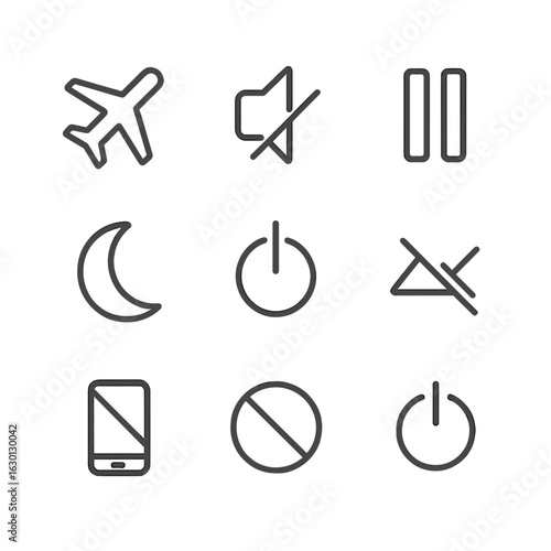 Stillness Icon Set. Outline icon set of stillness in technology: airplane mode, mute button, pause icon, sleep mode, power off, no