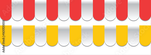 Striped shop tent repeated design set. Store window awning pattern collection. Cafe or restaurant roof canopy pack. Red,  yellow stall market place cover. Repeating stripe sunshade design. Vector