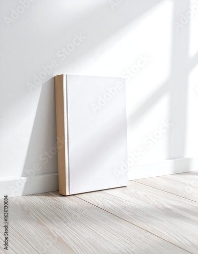 Blank white hardcover book leaning against a wall in a sunlit room corner.