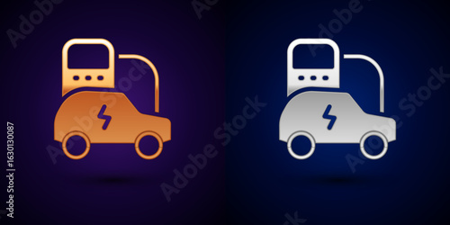 Gold and silver Electric car and electrical cable plug charging icon isolated on black background. Renewable eco technologies. Vector