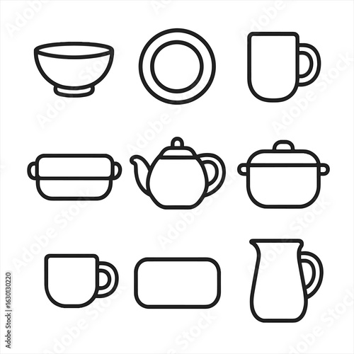 Stoneware Kitchen Icons. Outline icon set of stoneware kitchen items: stoneware bowl, stoneware plate, stoneware mug, stoneware