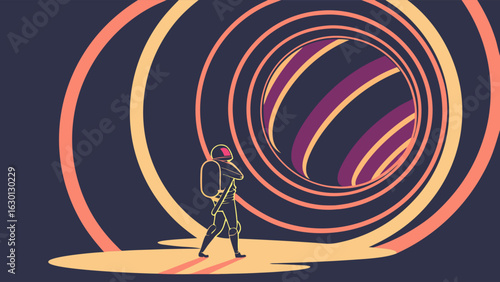 Astronaut Walking Towards a Colorful Abstract Circular Portal.