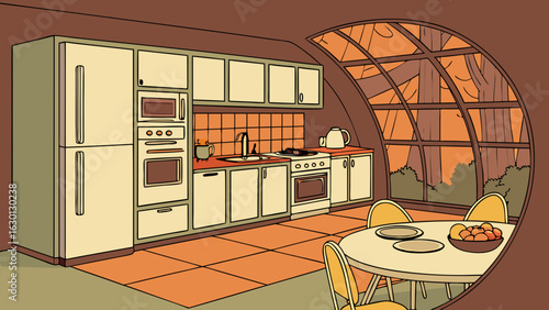 Retro Kitchen Design with Forest View and Dining Area.