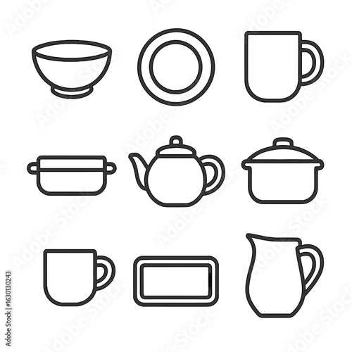 Stoneware Kitchen Icons. Outline icon set of stoneware kitchen items: stoneware bowl, stoneware plate, stoneware mug, stoneware