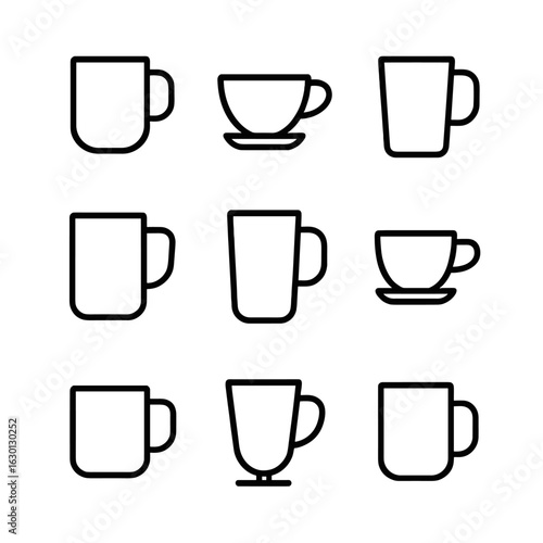 Stoneware Drinkware Icons. Outline icon set of stoneware drinkware: coffee mug, tea cup, tumbler, beer stein, latte mug, espresso
