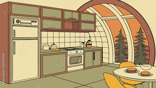 Retro Kitchen Interior with Appliances Table and View of Pine Trees.