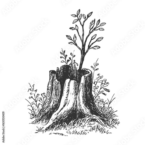 Old tree stump with a new plant growing from the center, symbolizing rebirth in vintage ink sketch style.