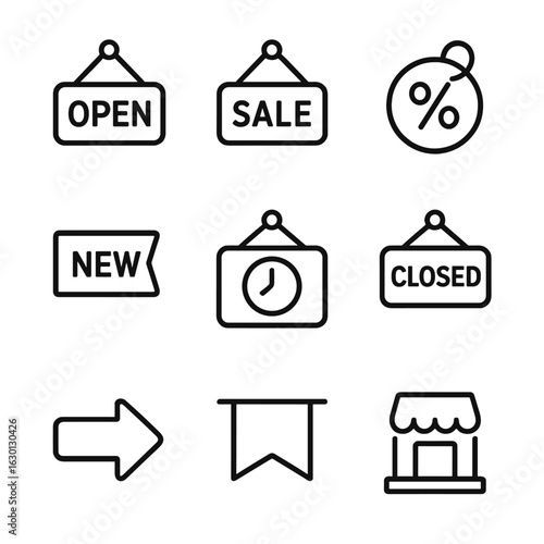 Store Signage Icons. Outline icon set of store signage: open sign, sale sign, discount label, new arrival, store hours, closed