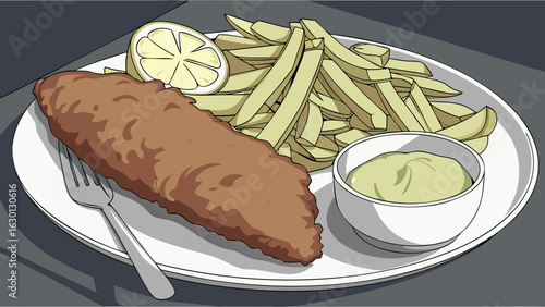 Cartoon Fish and Chips with Lemon and Tartar Sauce.