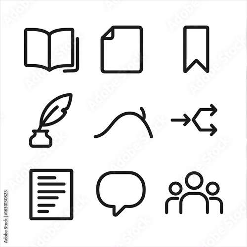 Story Icons Grid. Outline icon set of story progression: open book, next page, bookmark, quill pen, story arc, narrative flow,