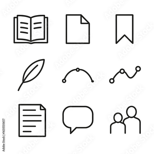 Story Icons Grid. Outline icon set of story progression: open book, next page, bookmark, quill pen, story arc, narrative flow,