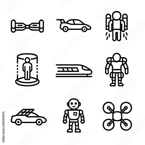 Futuristic Mobility Icons. Outline icon set of futuristic mobility: hoverboard, flying car, jetpack, teleportation pad, magnetic