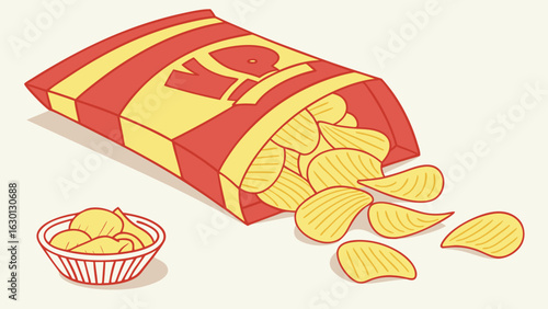 Cartoon Illustration of a Bag of Potato Chips and Bowl.