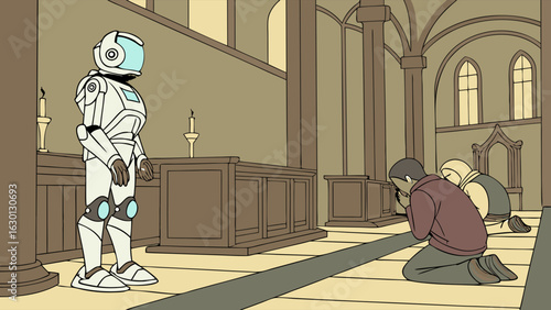 Robot in Church with Praying People Futuristic Religious Scene.