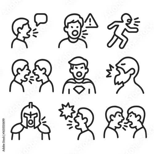 Storytelling Icon Set. Outline icon set of shout in storytelling: loud dialogue, intense moment, action scene, argument scene,