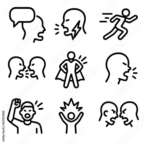 Storytelling Icon Set. Outline icon set of shout in storytelling: loud dialogue, intense moment, action scene, argument scene,