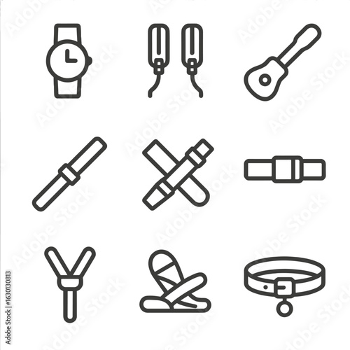 Outline Strap Icons. Outline icon set of strap types: watch strap, backpack strap, guitar strap, camera strap, seat belt, luggage