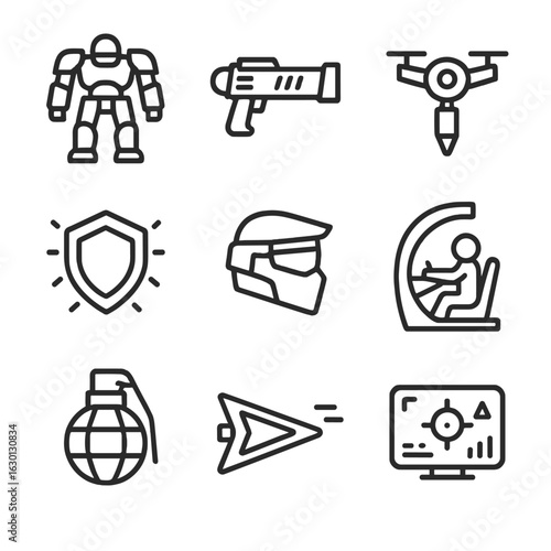 Futuristic Warfare Icons. Outline icon set of futuristic warfare: mech suit, laser cannon, drone missile, energy shield, tactical