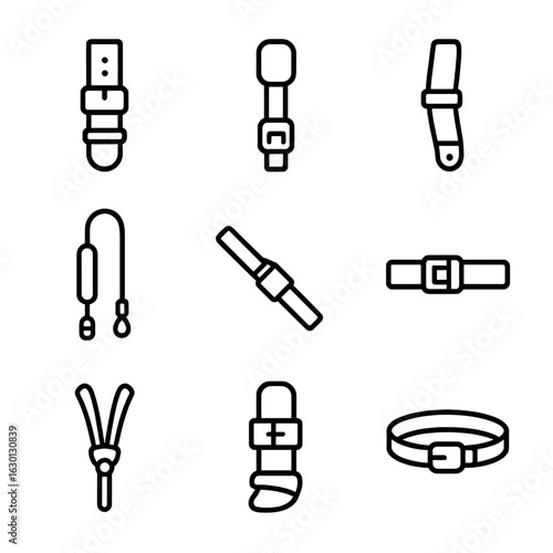 Outline Strap Icons. Outline icon set of strap types: watch strap, backpack strap, guitar strap, camera strap, seat belt, luggage