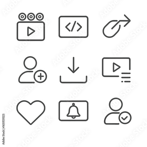 Stream Icons Set. Outline icon set of stream sharing: social media, embed code, share link, invite, download, playlist, favorites,