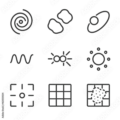 Galactic Satellite Icons. Outline icon set of galactic satellites: dwarf galaxy icon, Magellanic Clouds silhouette, Sagittarius