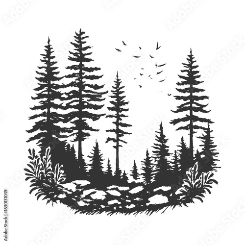 Vintage pine tree forest with birds and ground detail, drawn in a rustic black and white style.