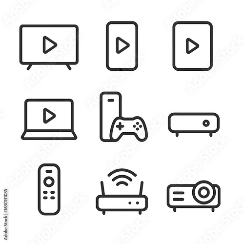 Streaming Devices Icons. Outline icon set of streaming devices: smart TV, smartphone, tablet, laptop, game console, streaming box,