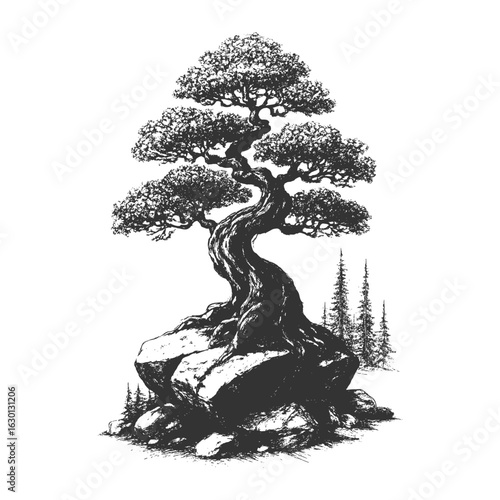 A pair of bonsai trees standing on a rock base, drawn in a clean black and white illustration style.