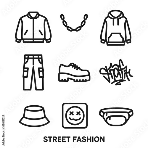 Streetwear Icon Grid. Outline icon set of street fashion: bomber jacket, chain necklace, oversized hoodie, cargo pants, platform
