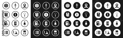 Set Location, Information, Certificate template, Social network, Magnifying glass, Microphone, USB flash drive and Audio book icon. Vector