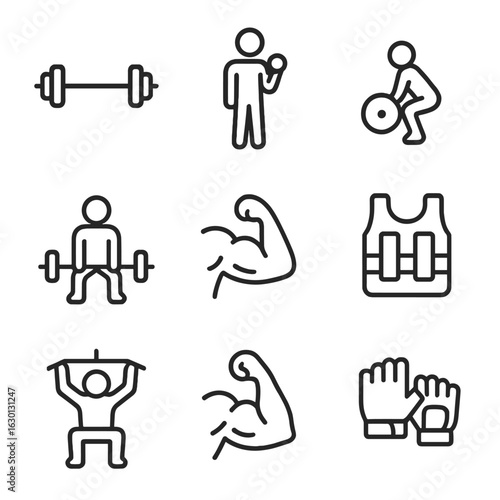 Strength Training Icons. Outline icon set of strength training: barbell, dumbbell curl, deadlift form, squat stance, bicep flex,