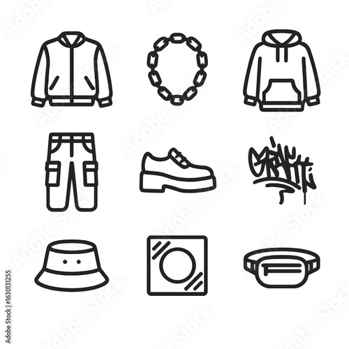 Streetwear Icon Grid. Outline icon set of street fashion: bomber jacket, chain necklace, oversized hoodie, cargo pants, platform