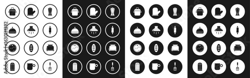 Set Blender, Kitchen extractor fan, Covered with tray of food, Cooking pot, Rolling pin, Oven glove, Toaster and Cutting board icon. Vector