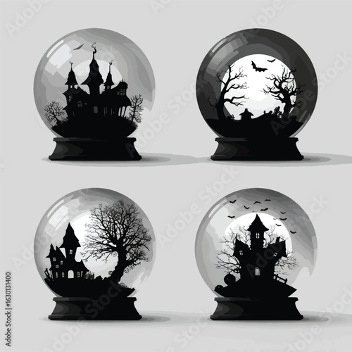 Vector silhouette set of Halloween Crystal Ball isolated in White background, silhouette Set, Halloween theme, Vector illustration