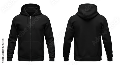 Front and back view of a black zip-up hoodie, blank template for design.