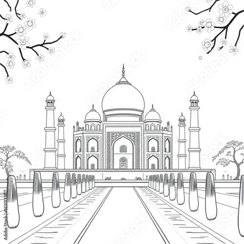 Taj Mahal with festive decorations in Agra under fresh spring blossoms