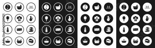 Set Swimming pool with ladder, Massage stone therapy, Sauna broom, Yin Yang, Essential oil bottle, Mortar and pestle, Stack hot stones and icon. Vector