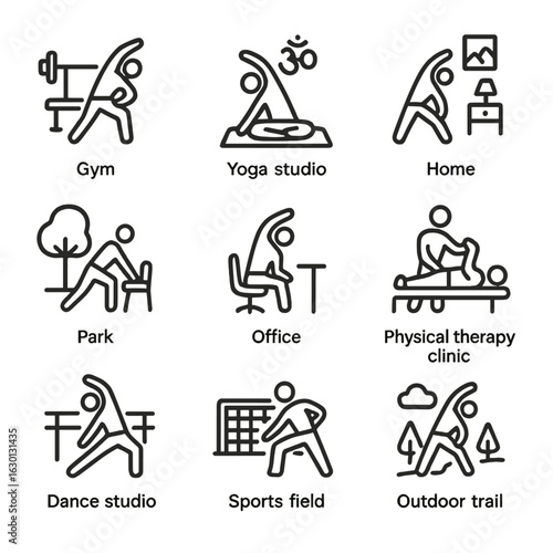 Stretch Environment Icons. Outline icon set of stretch environments: gym, yoga studio, home, park, office, physical therapy clinic