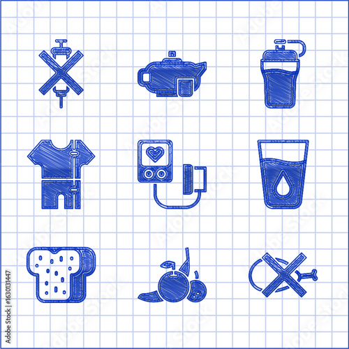 Set Blood pressure, Fruit, No meat, Glass with water, Bread toast, Sport track suit, Fitness shaker and doping syringe icon. Vector