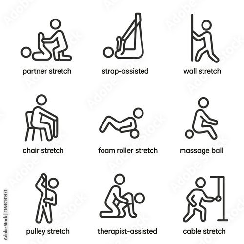 Stretch Method Icons. Outline icon set of assisted stretch methods: partner stretch, strap-assisted, wall stretch, chair stretch,