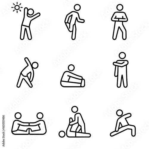 Stretching Routine Icons. Outline icon set of stretching routines: morning stretch, pre-workout stretch, post-workout stretch,