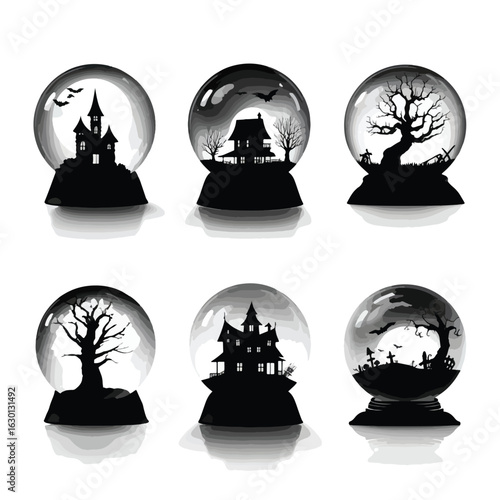 Vector silhouette set of Halloween Crystal Ball isolated in White background, silhouette Set, Halloween theme, Vector illustration