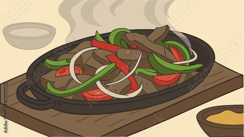Cartoon Illustration of Sizzling Fajitas with Peppers and Onions.