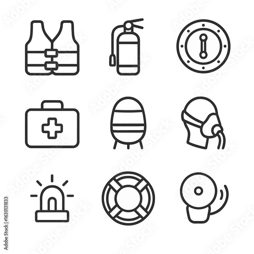 Submarine Safety Icons. Outline icon set of submarine safety gear: life jacket, fire extinguisher, emergency hatch, first aid kit,