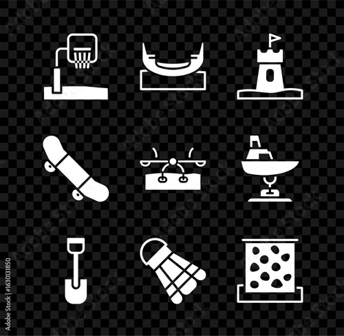 Set Basketball backboard, Boat swing, Sand tower, Shovel toy, Badminton shuttlecock, Climbing wall, Skateboard trick and Seesaw icon. Vector