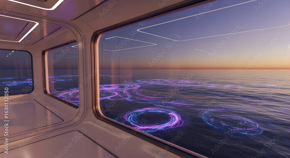 Fototapeta premium Futuristic spaceship interior with ocean view