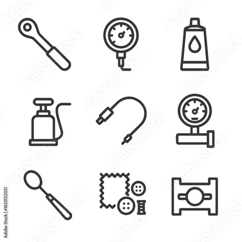 Suit Assembly Tool Icons. Outline icon set of suit assembly tools: torque wrench, calibration gauge, sealant tube, vacuum pump,