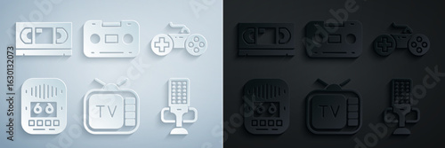 Set Retro tv, Gamepad, Cassette tape player, Microphone, audio cassette and VHS video icon. Vector