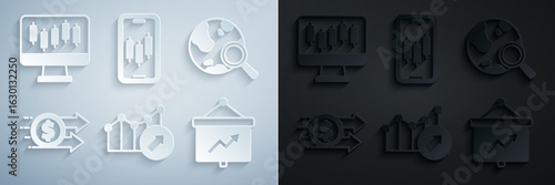Set Financial growth, Search globe, dollar, Board with graph, Mobile stock trading and Stocks market graphs icon. Vector