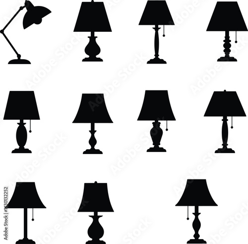 Various black silhouette table lamps on white background desk lamp